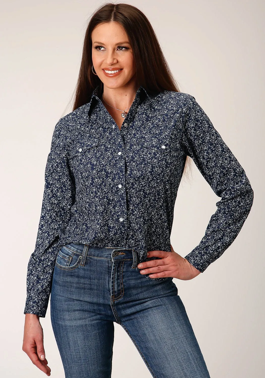 Casual Elegance Elegant Finish Roper Womens 1498 Floral Navy/White Cotton Blend L/S Shirt