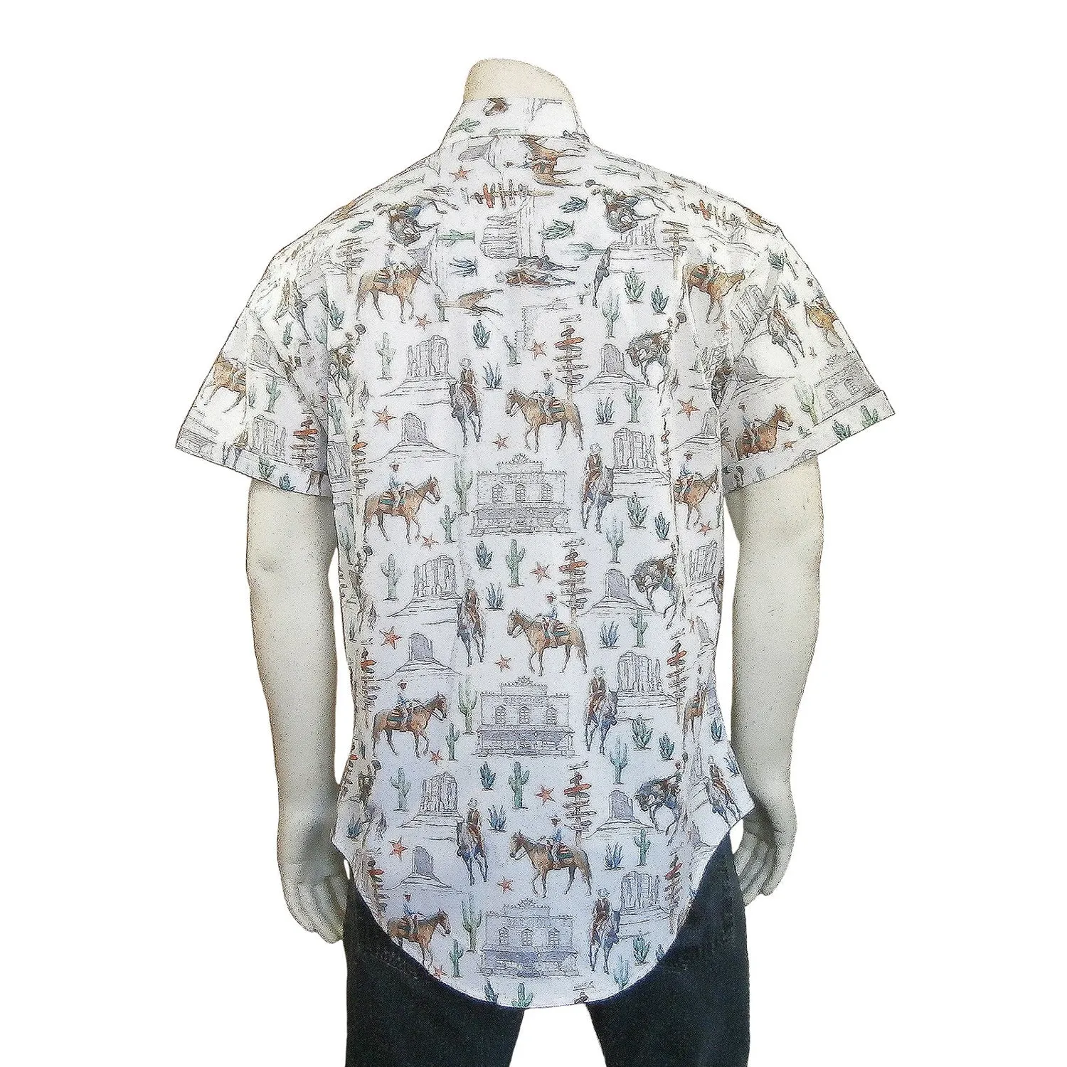 Rockmount Mens White 100% Cotton Cactus and Cowboys S/S Shirt Stylish Appearance Current Style