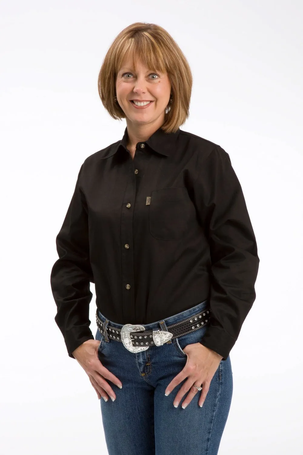 Roper Womens Black 100% Cotton Button Front BD L/S 1 Pkt Shirt Couple Look Smooth Lightweight Morning Stroll Durable