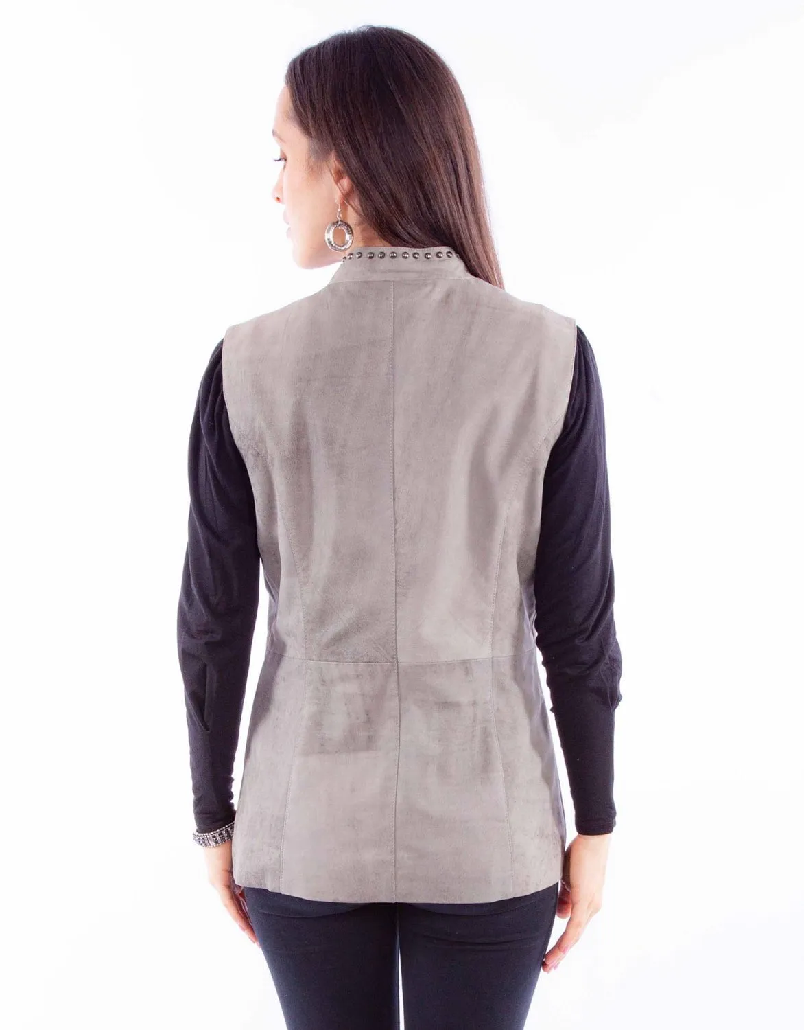 Scully Womens Studded Button Up Grey Leather Leather Vest Perfect Fit Waist All Fit Design