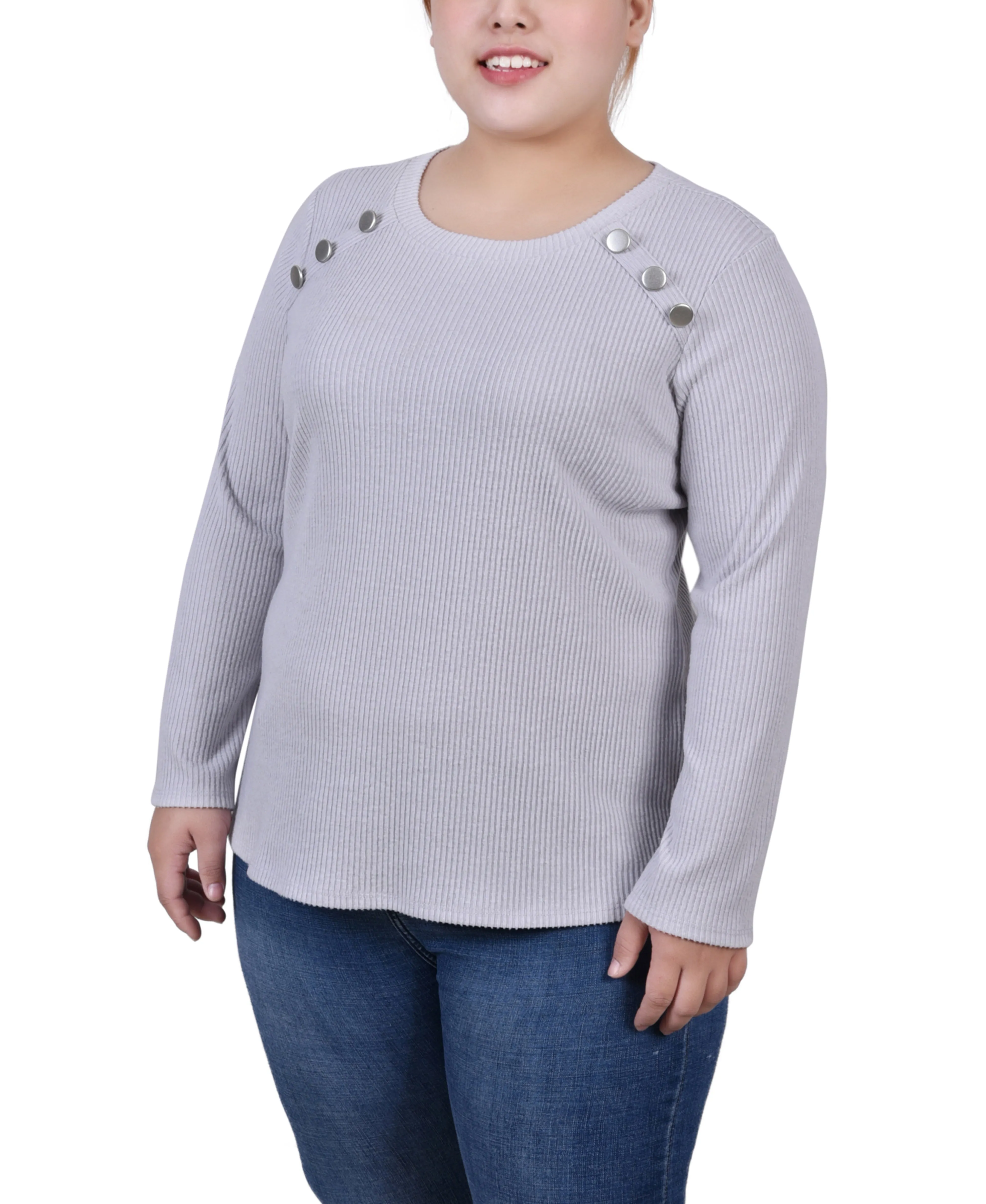 Limited-Edition Calm Beauty Plus Size Long Sleeve Ribbed Button Detail Top