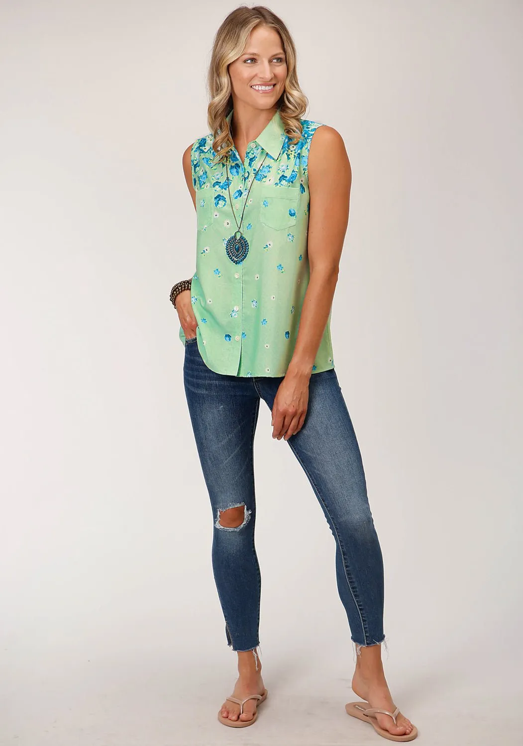 Roper Womens Summer Floral Green 100% Polyester S/L Shirt Abstract art