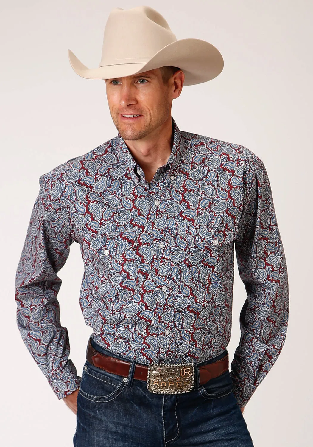 Roper Mens Wine 100% Cotton Liberty Paisley BD L/S Btn Shirt Simple Fit Tear Resistant Reinforcement