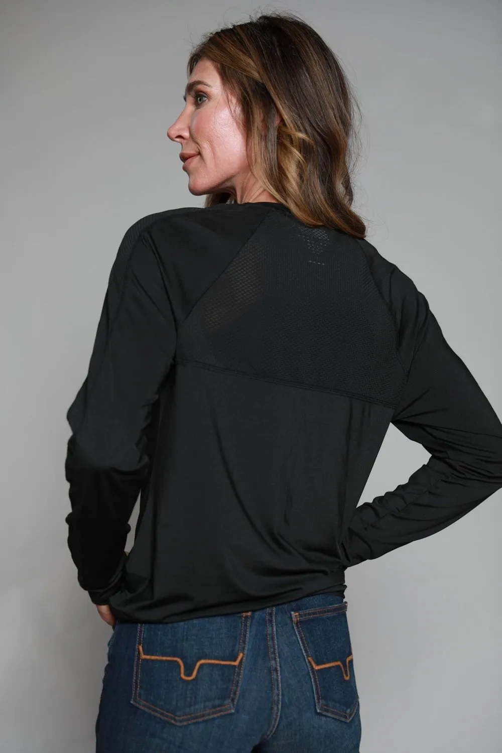 Kimes Ranch Womens K1 Tech Tee Black Polyester Blend L/S T-Shirt Everyday Comfort Versatile Clothing
