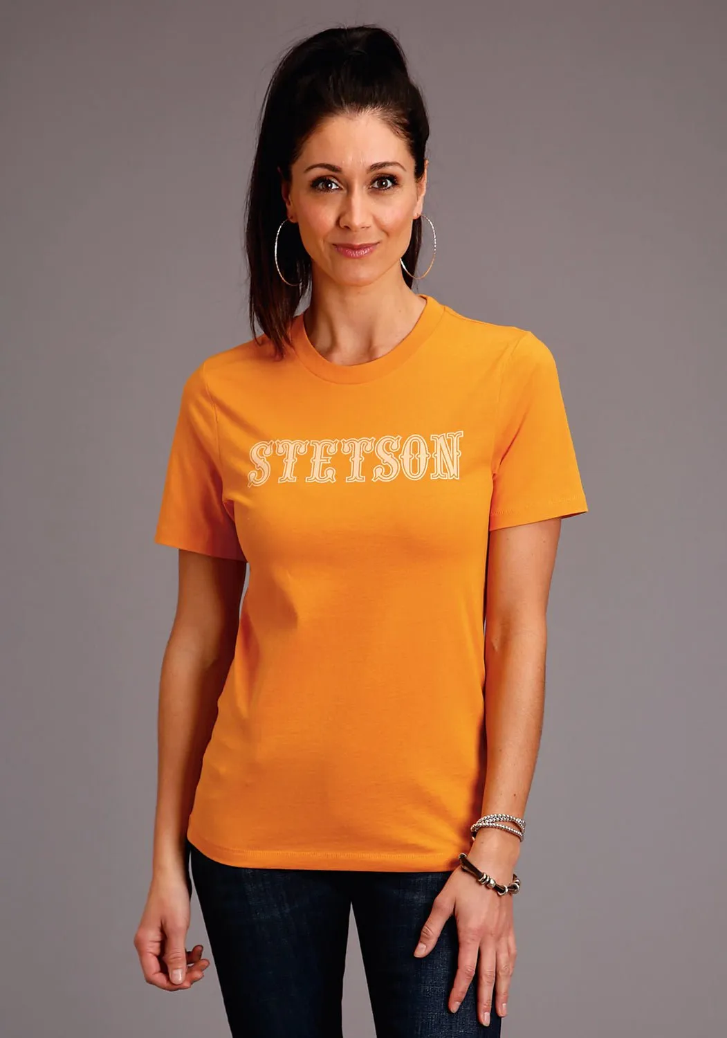Stetson Womens Gold Yellow 100% Cotton Lettering S/S T-Shirt Advanced Stretch Recovery