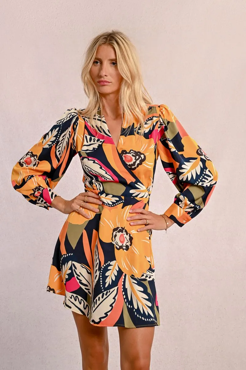 Elegant Waist Trendy Wearable Tropical Floral Mini Wrap Dress in Mango Yellow Jane