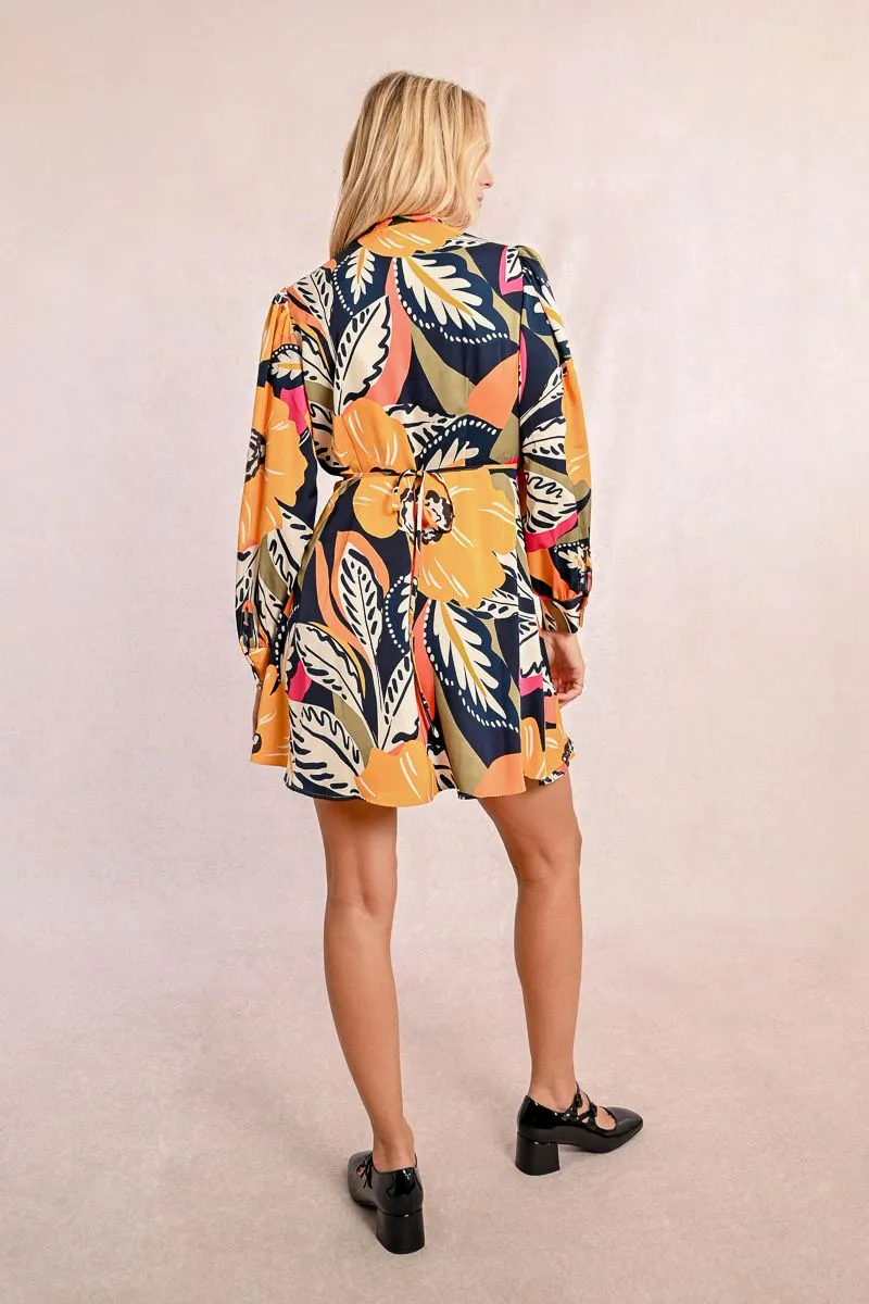 Comfort Mode Tropical Floral Mini Wrap Dress in Mango Yellow Jane