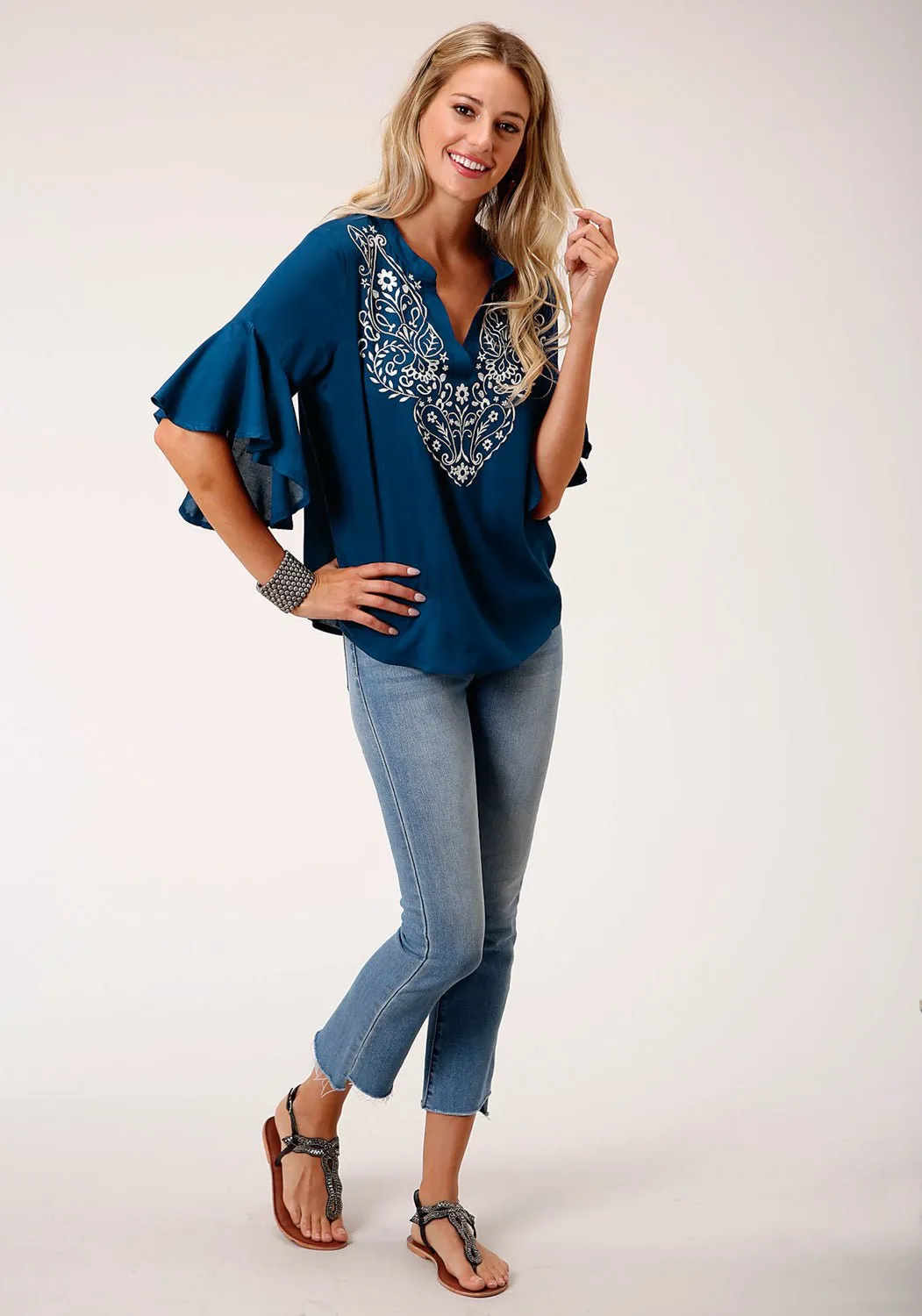 Trendy Fashion Roper Womens Blue Rayon/Nylon Paisley Floral S/S Blouse