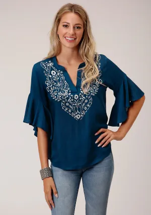 Trendy Fit Roper Womens Blue Rayon/Nylon Paisley Floral S/S Blouse Seamless Sides Roper Womens Blue Rayon/Nylon Paisley Floral S/S Blouse