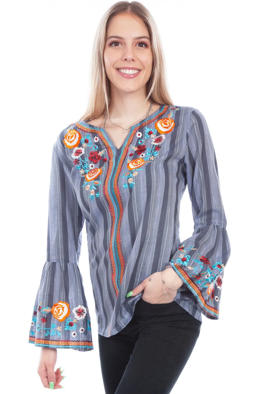 Work Meeting Casual Soft Sustainable Scully Womens Charcoal 100% Cotton Flowing Stripe L/S Blouse