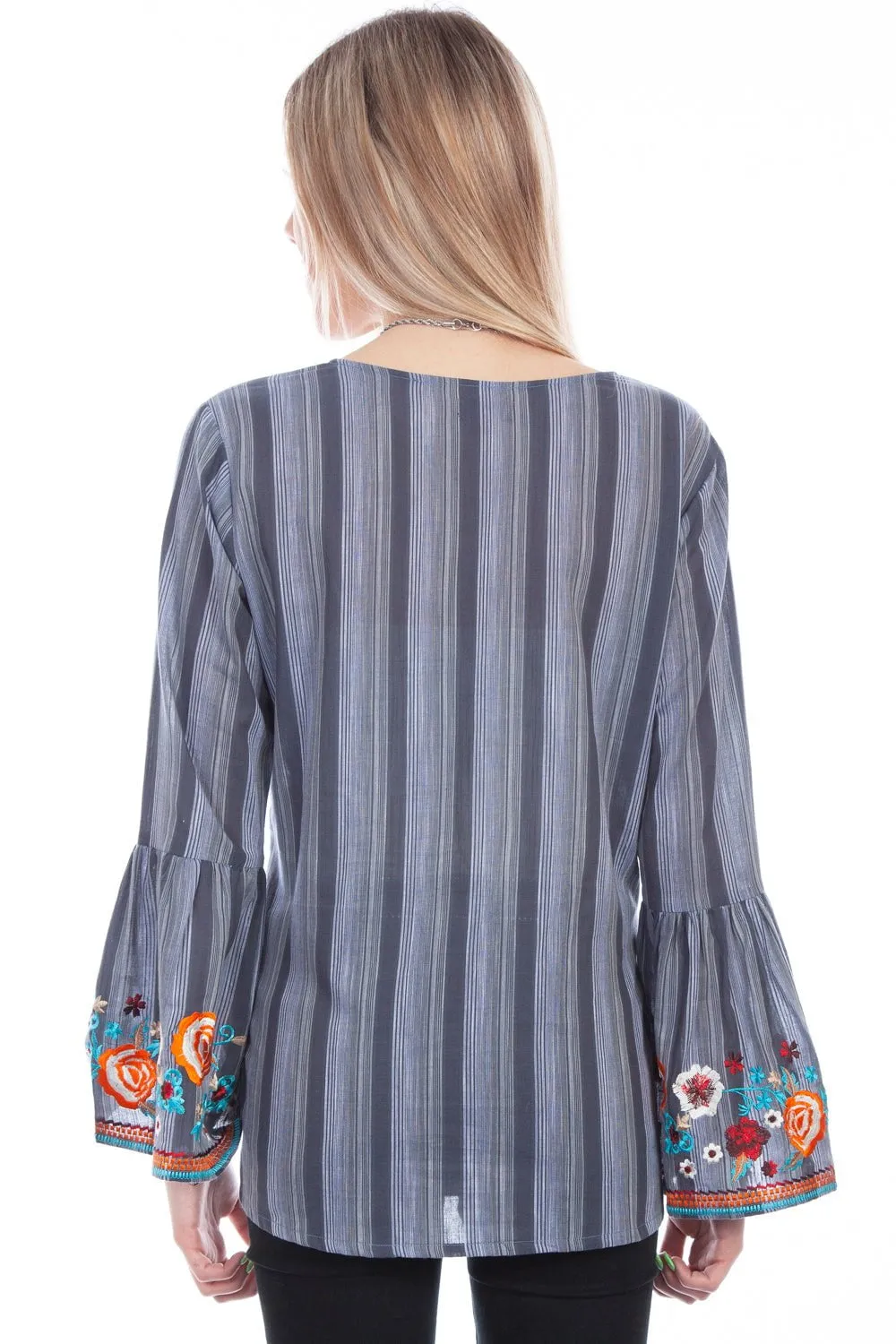 Trendy Look Weekend Style Smooth Scully Womens Charcoal 100% Cotton Flowing Stripe L/S Blouse