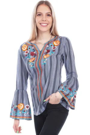 Trendy Fit Scully Womens Charcoal 100% Cotton Flowing Stripe L/S Blouse Work Meeting Casual Soft Sustainable Scully Womens Charcoal 100% Cotton Flowing Stripe L/S Blouse