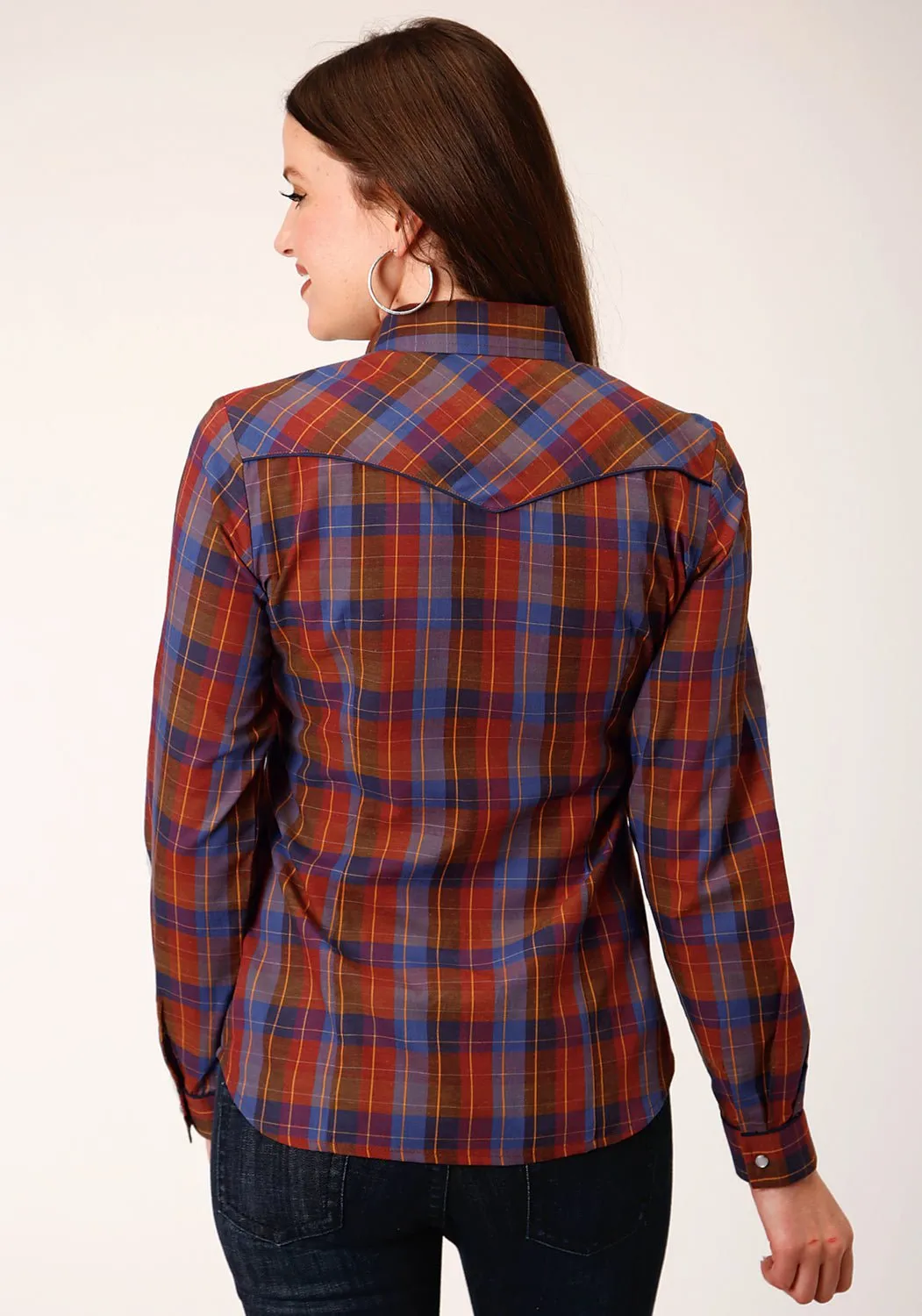 Roper Womens 825 Windowpane Wine/Peri Cotton Blend Retro L/S Shirt Geometric Design