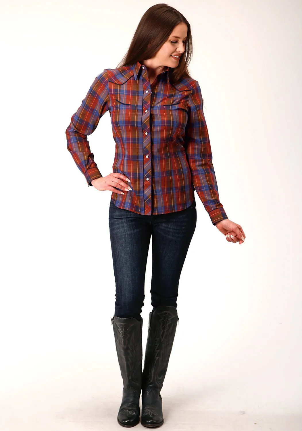 Roper Womens 825 Windowpane Wine/Peri Cotton Blend Retro L/S Shirt Streamlined Design
