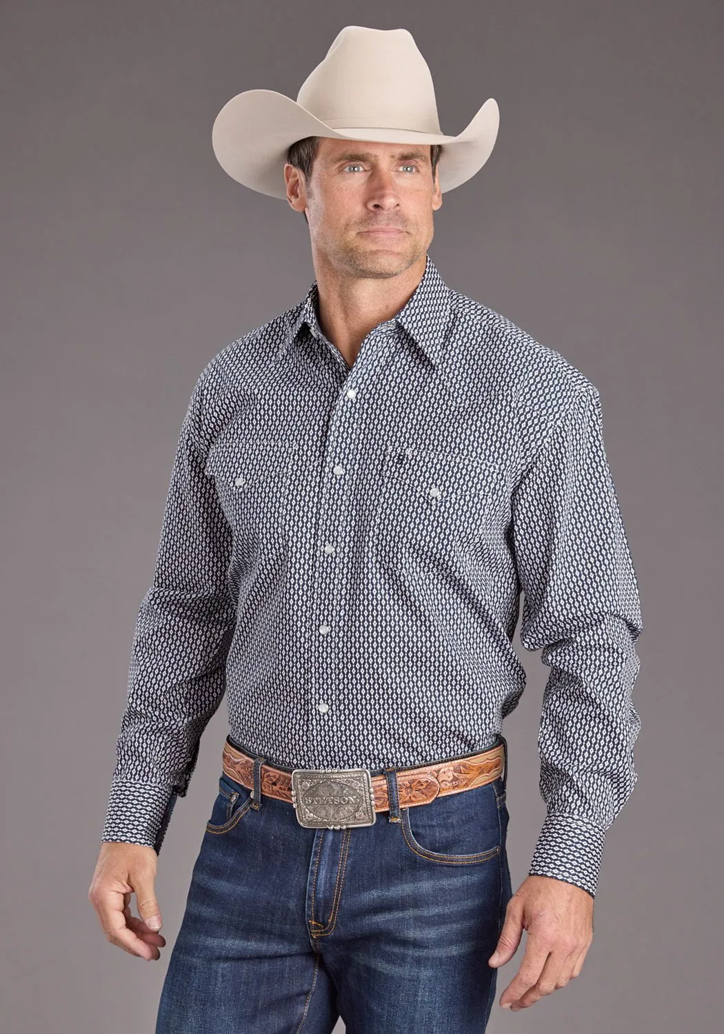 Classic Wear Corporate Event Stetson Mens Running Diamonds Blue 100% Cotton L/S Shirt