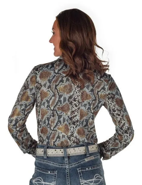 Stretchable Material Cowgirl Tuff Womens Pullover Snake Dusty Blue Polyester L/S Shirt