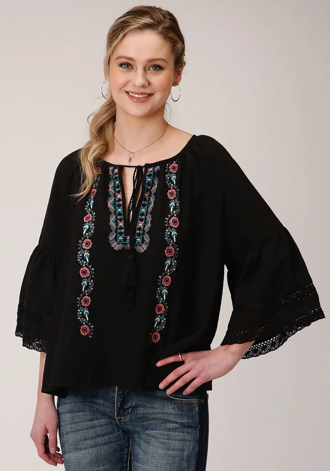 Roper Womens Black 100% Cotton Peasant 3/4 Sleeve Blouse Tear Resistant Reinforcement Lightweight Layer