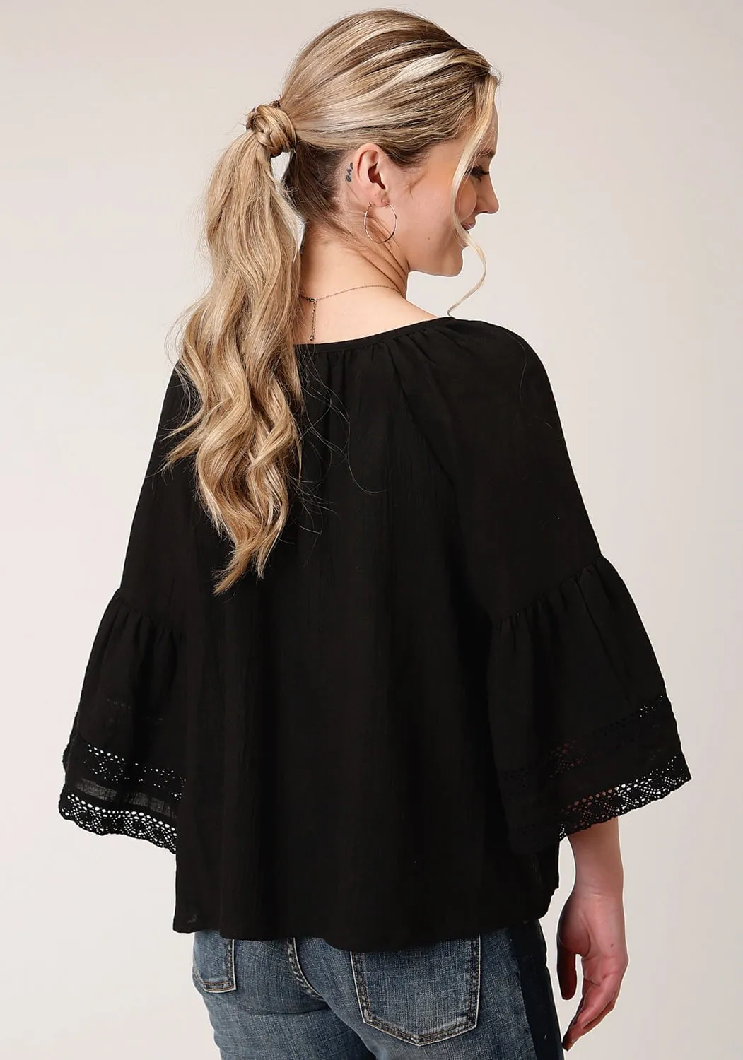 Layered Collar Roper Womens Black 100% Cotton Peasant 3/4 Sleeve Blouse