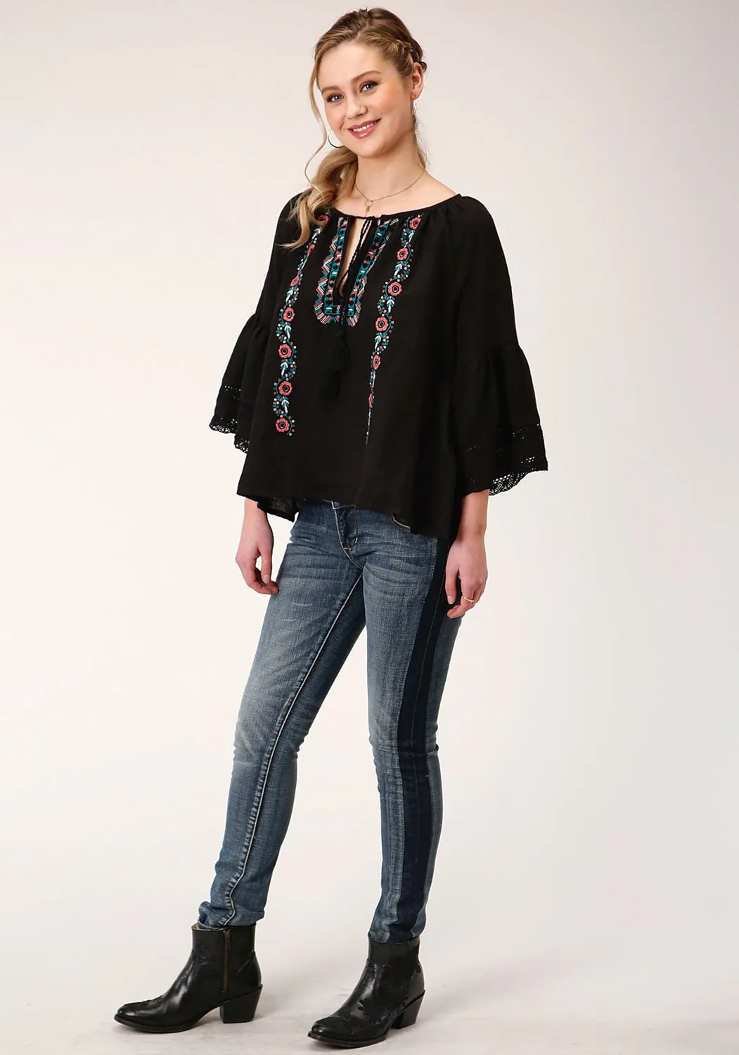 Roper Womens Black 100% Cotton Peasant 3/4 Sleeve Blouse Active Comfort