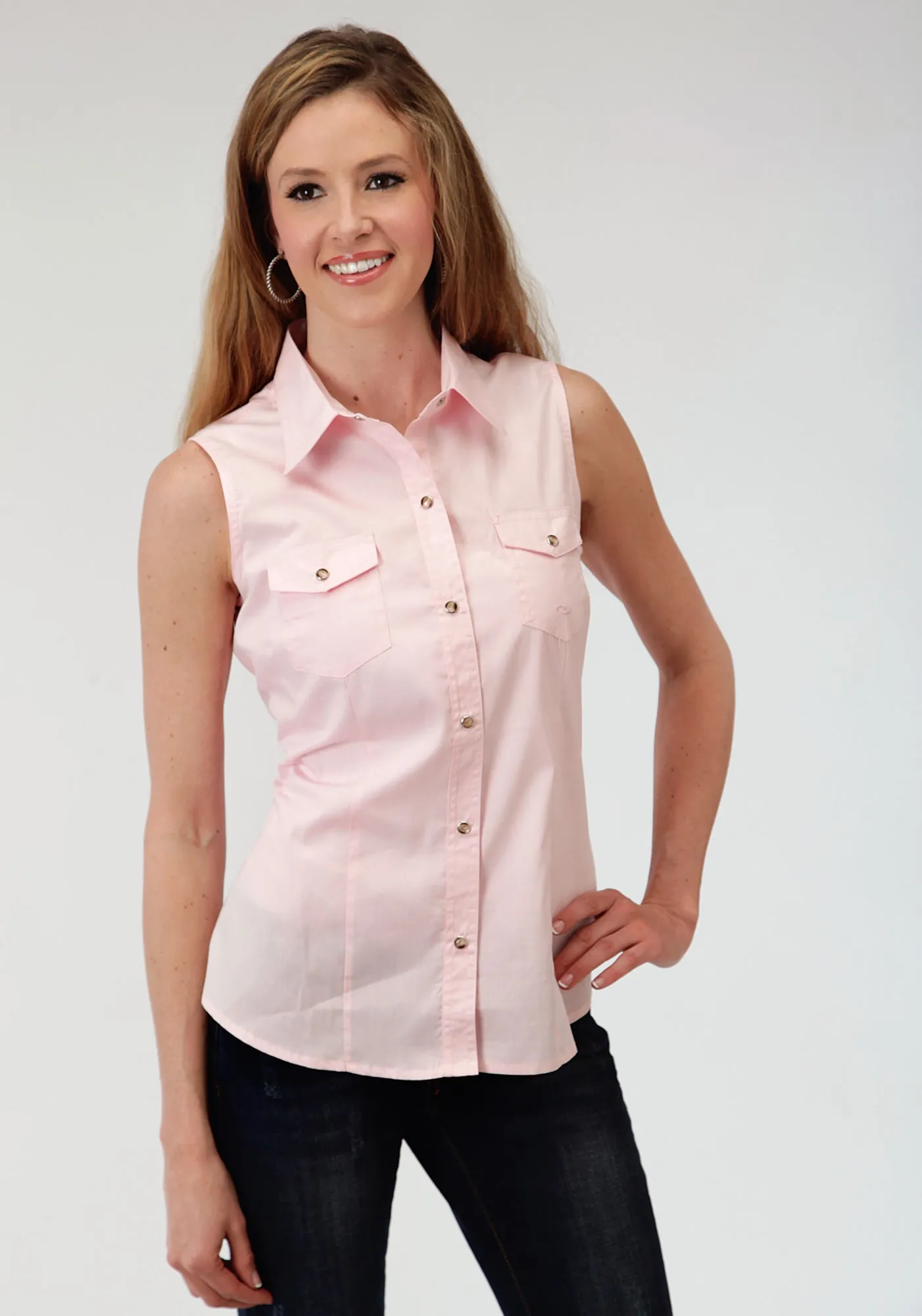 Fashion Comfort Double Needle Hemming Roper Basics Ladies Pink 100% Cotton Solid Poplin Sleeveless Shirt