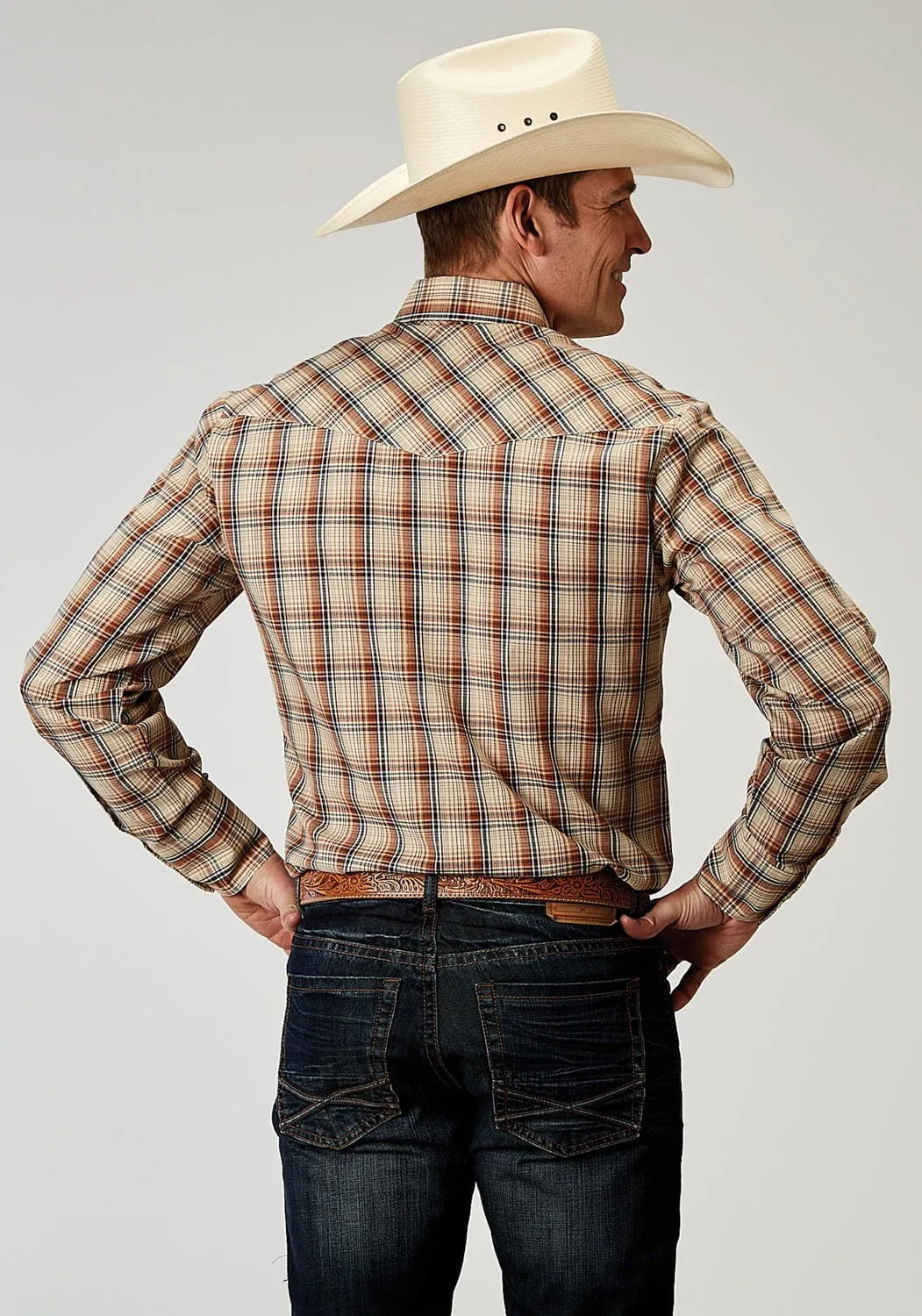 Sophisticated Elegance Flexible Knit Roper Mens 1970 Plaid Brown Cotton Blend L/S Shirt