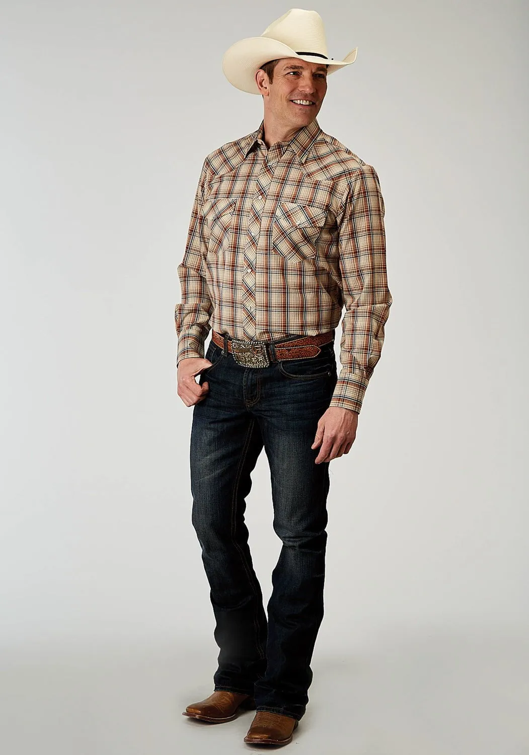 Roper Mens 1970 Plaid Brown Cotton Blend L/S Shirt Tailored Silhouette