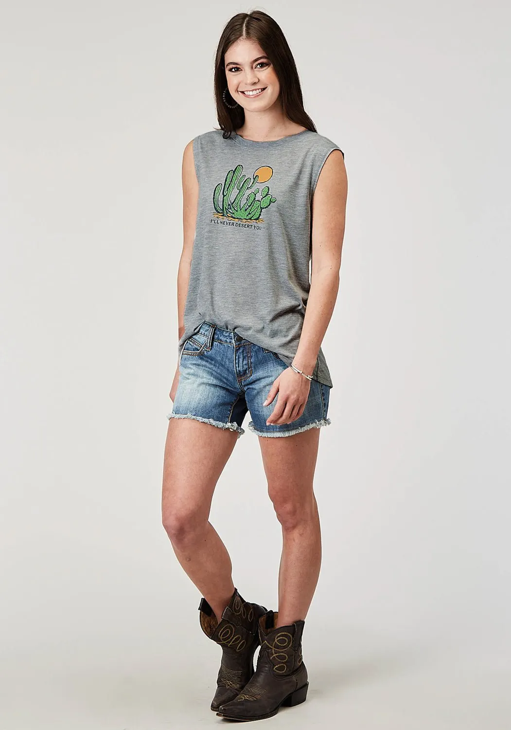 Printed design Holiday Gift Roper Womens Never Desert You Cactus Grey Poly/Cotton S/L Tank Top