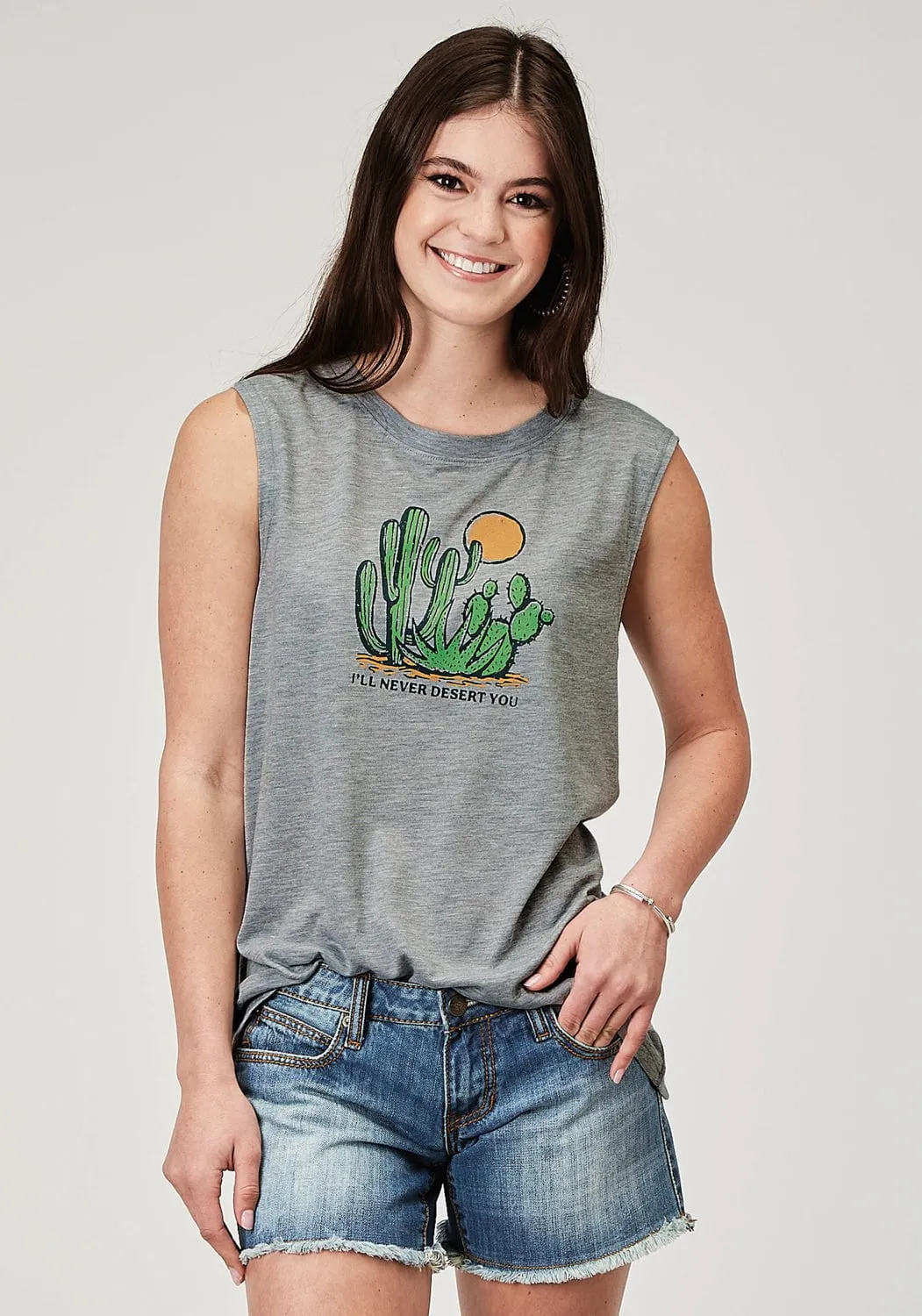 Roper Womens Never Desert You Cactus Grey Poly/Cotton S/L Tank Top Loose style