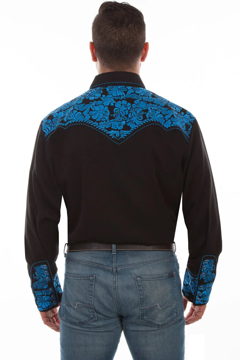 Work-to-Weekend High-Quality Craftsmanship Scully Mens Floral Tooled Embroidery Royal Poly/Rayon L/S Shirt