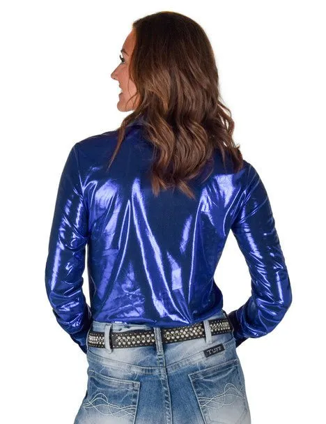 Easy Styling Weekend Vibes Cowgirl Tuff Womens Shiny Metallic Blue Polyester L/S Shirt