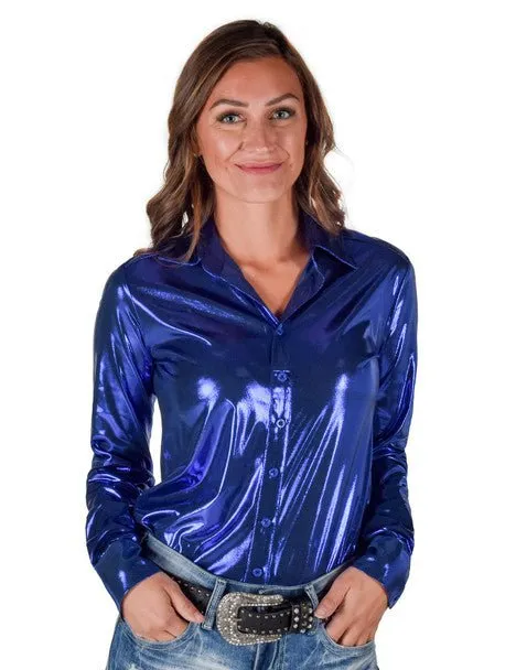 Cowgirl Tuff Womens Shiny Metallic Blue Polyester L/S Shirt City Exploration