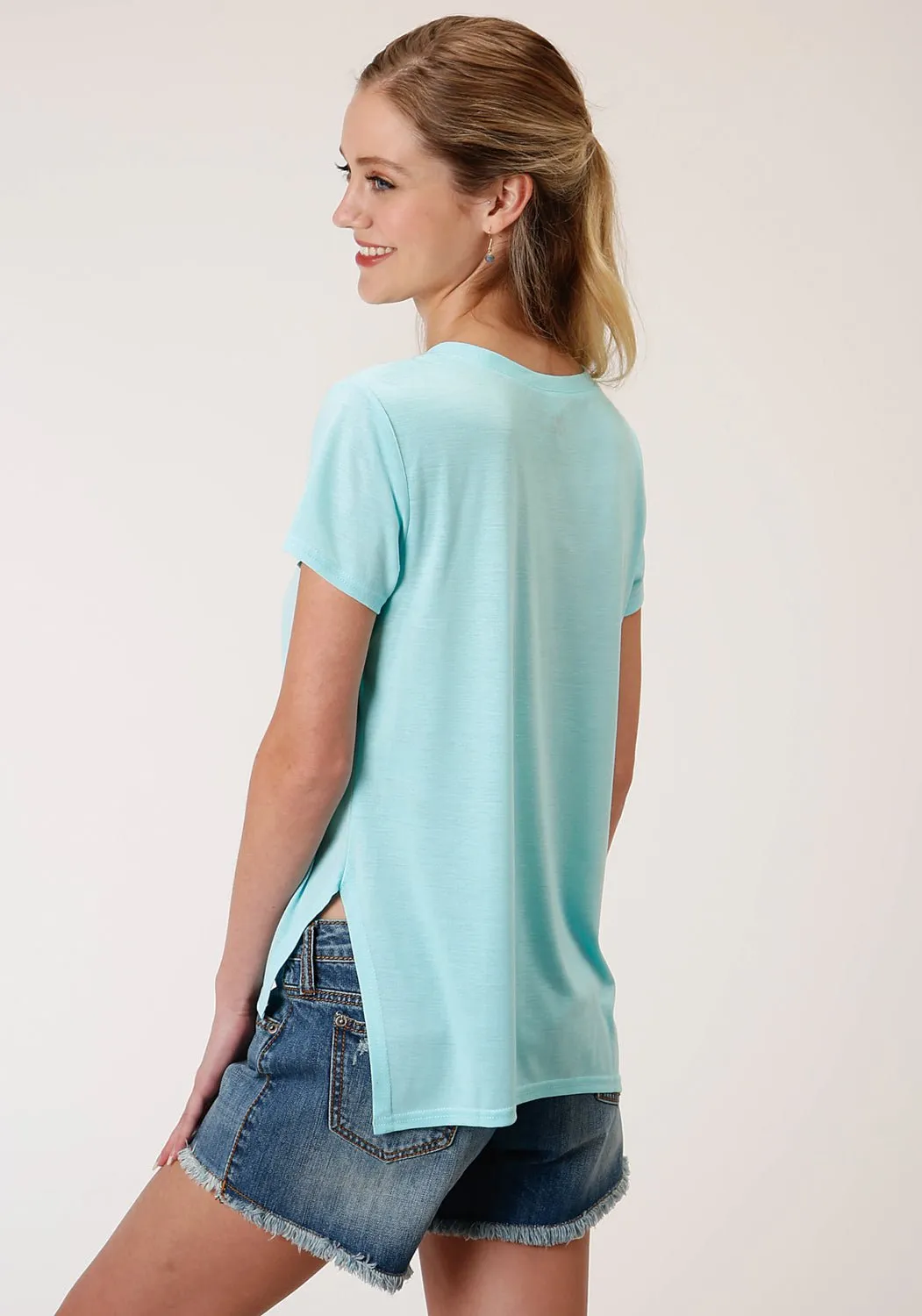 Anti Pilling Finish Interview Ready Roper Womens Light Turquoise Poly/Rayon Grommets S/S T-Shirt