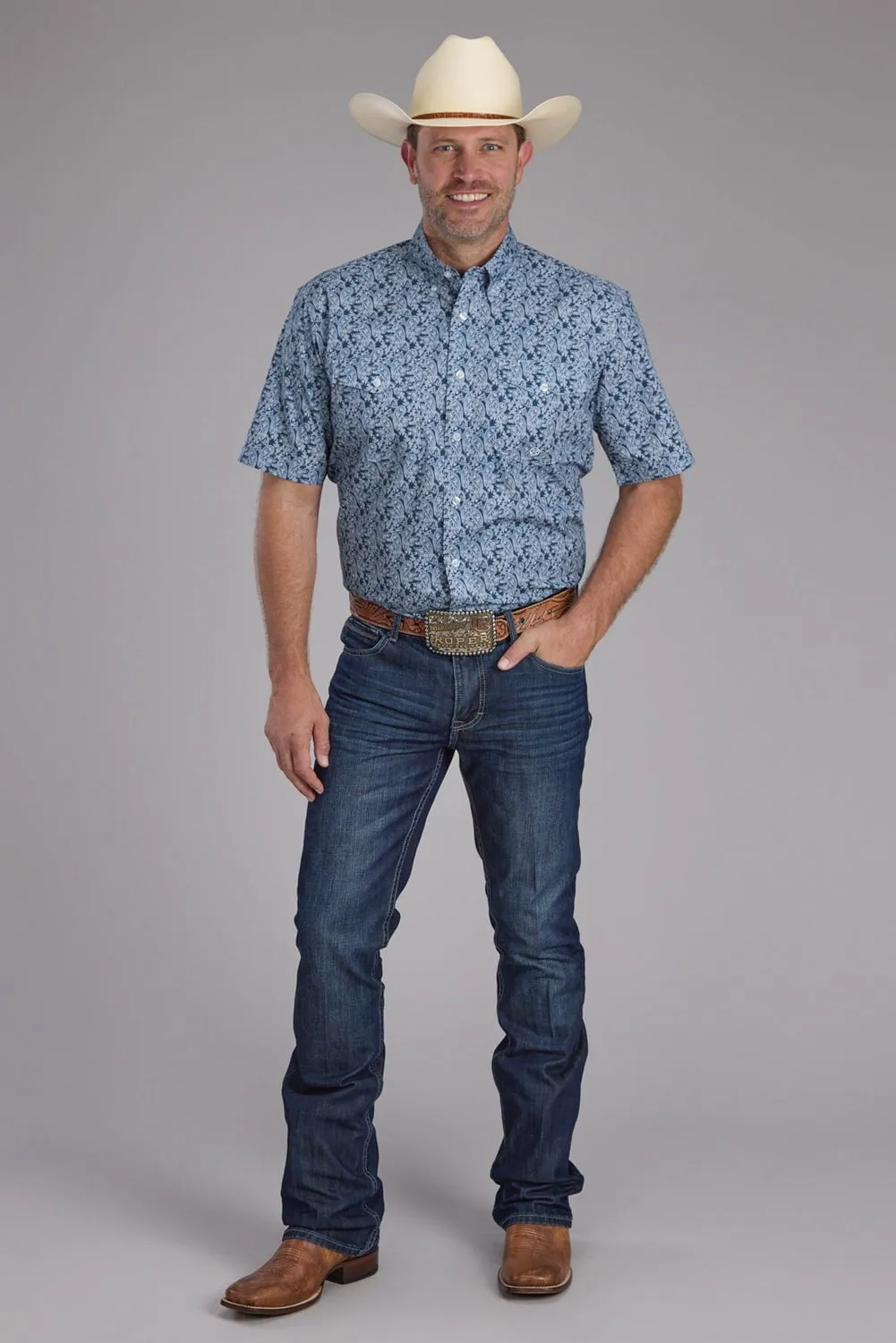 Roper Mens 2379 Prairie Paisley Blue 100% Cotton Btn S/S Shirt Simple Layer Flexible Wear