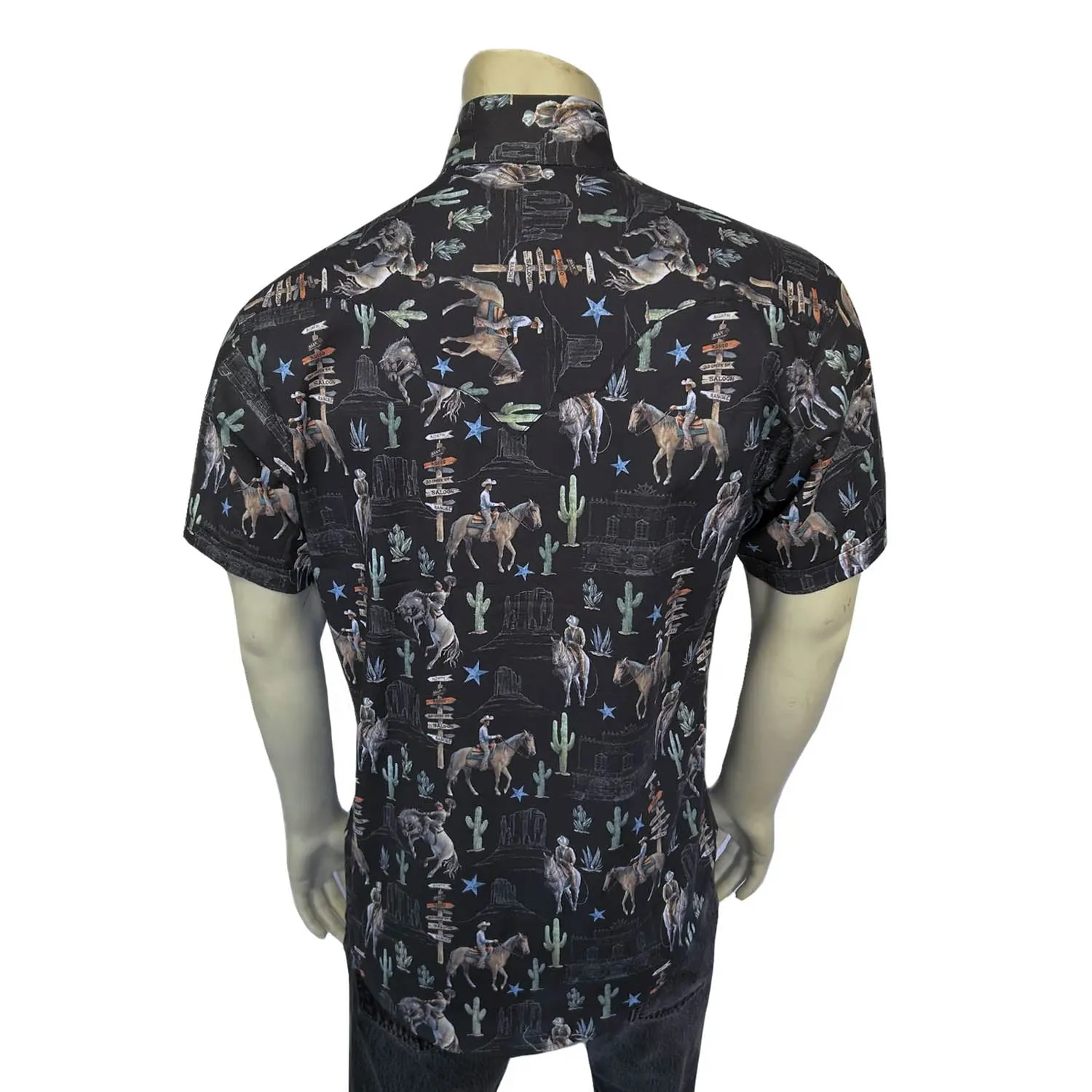 Water Repellent Finish Rockmount Mens Cactus and Cowboys Black 100% Cotton S/S Shirt