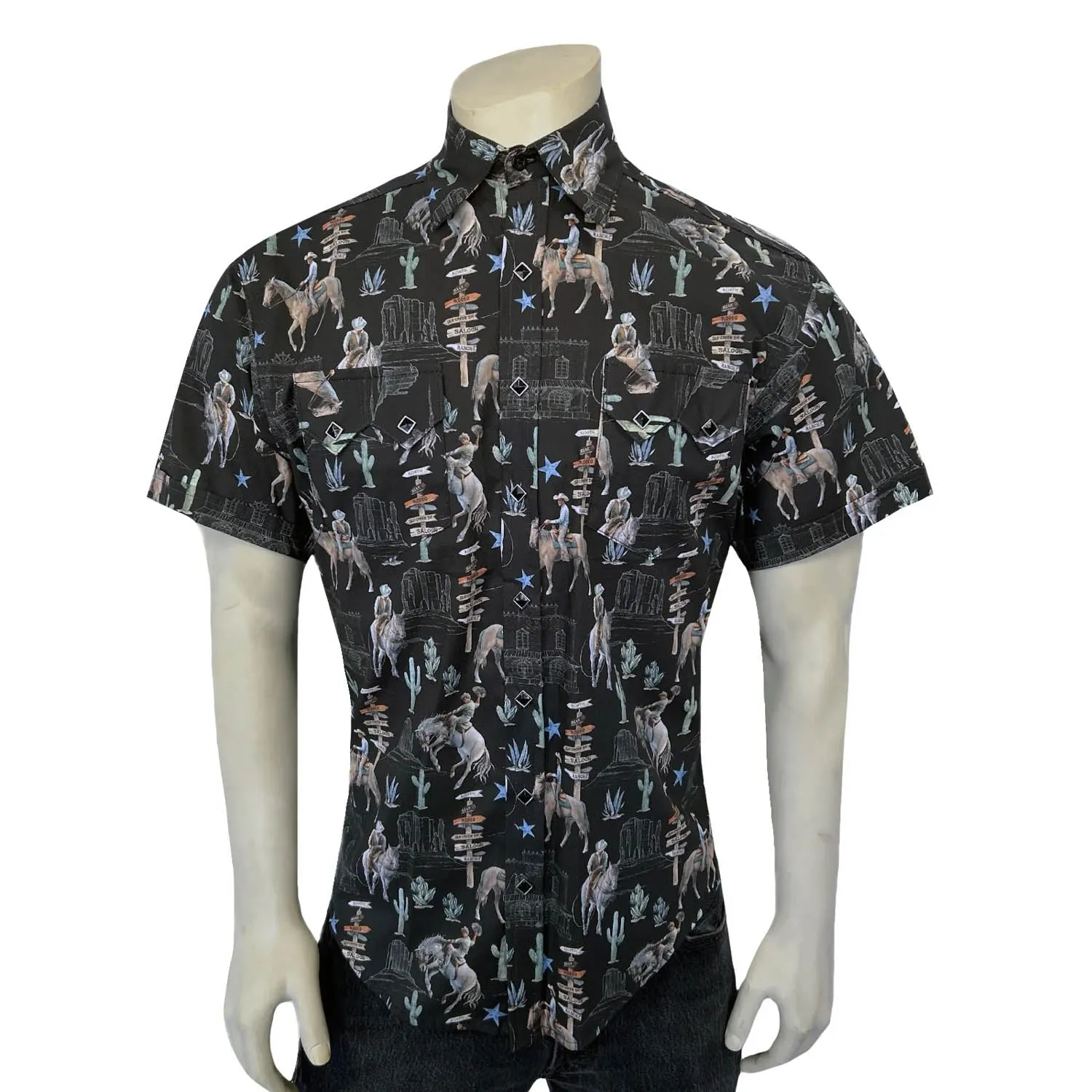 Sustainable Material Quality Material Rockmount Mens Cactus and Cowboys Black 100% Cotton S/S Shirt