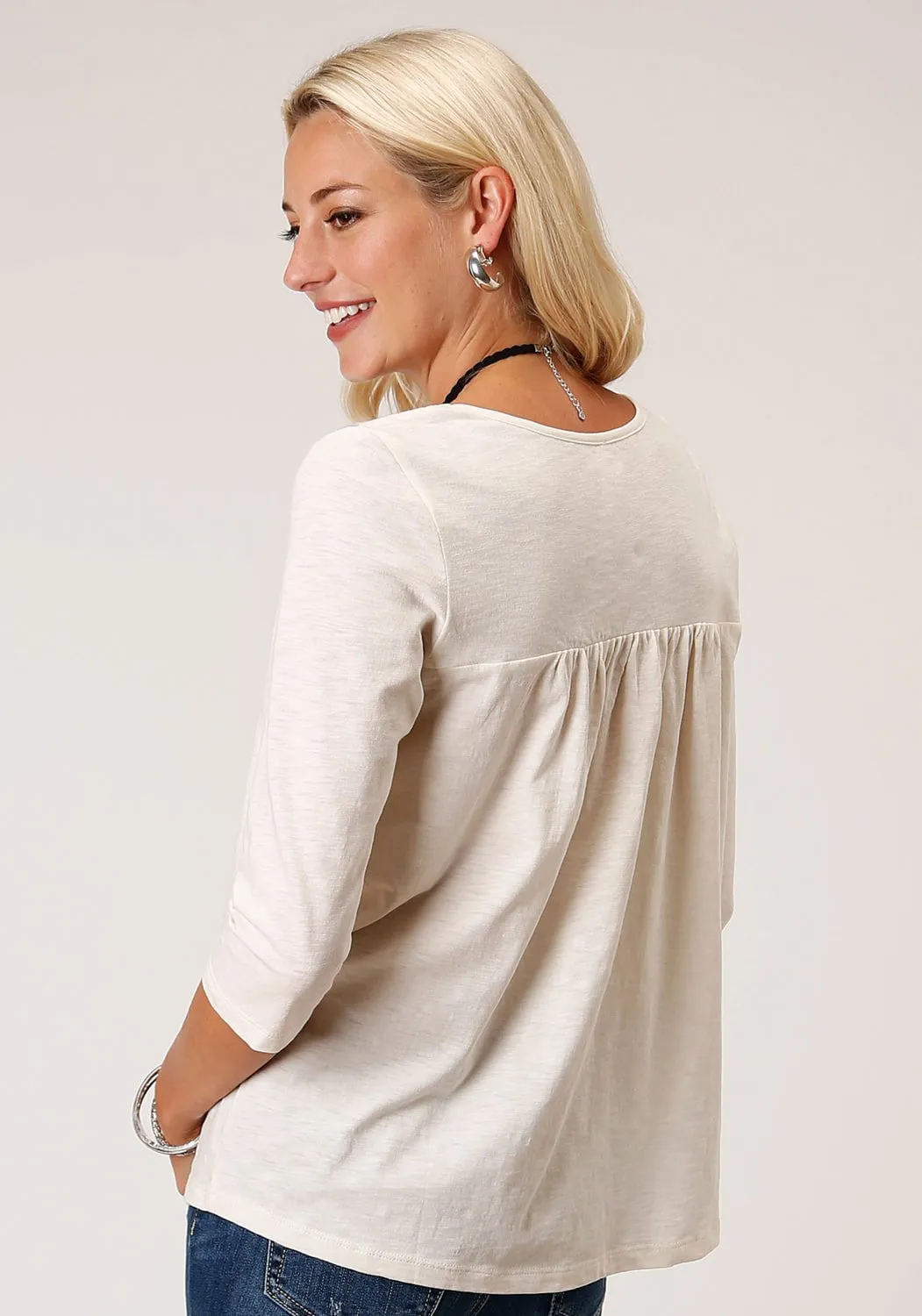 Roper Womens Cream 100% Cotton Fleur de Lis S/S Tunic Eco-Friendly Choice Unstructured Shoulder