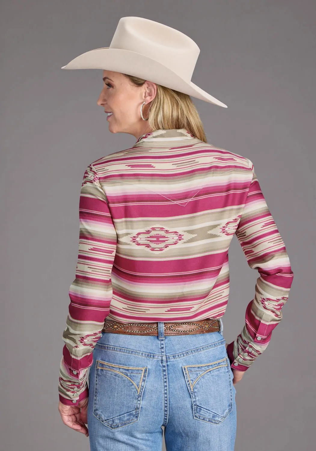 Stetson Womens Vintage Tapestry Red/Tan 100% Rayon L/S Blouse Lightweight texture