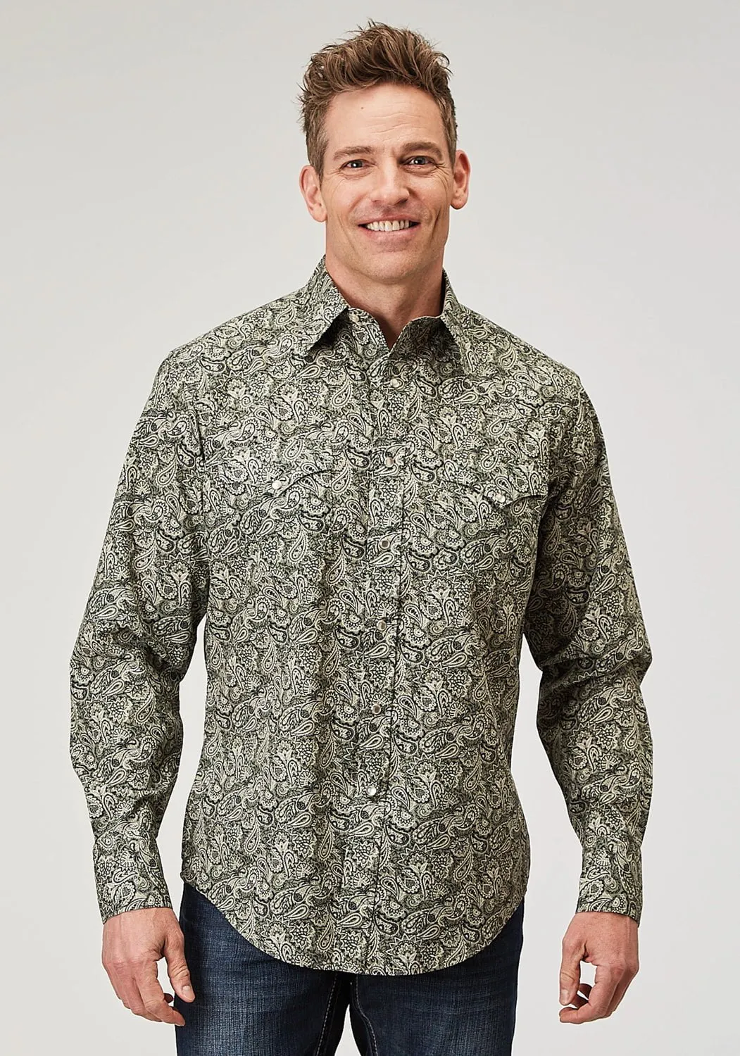 Multi Pocket Design Short Sleeve Roper Mens 1901 Estampa Paisley Green 100% Cotton L/S Shirt