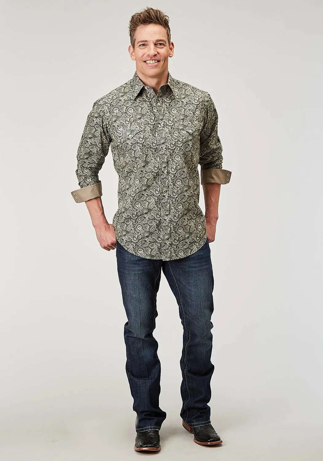 Roper Mens 1901 Estampa Paisley Green 100% Cotton L/S Shirt Soft Feel Work-to-Weekend