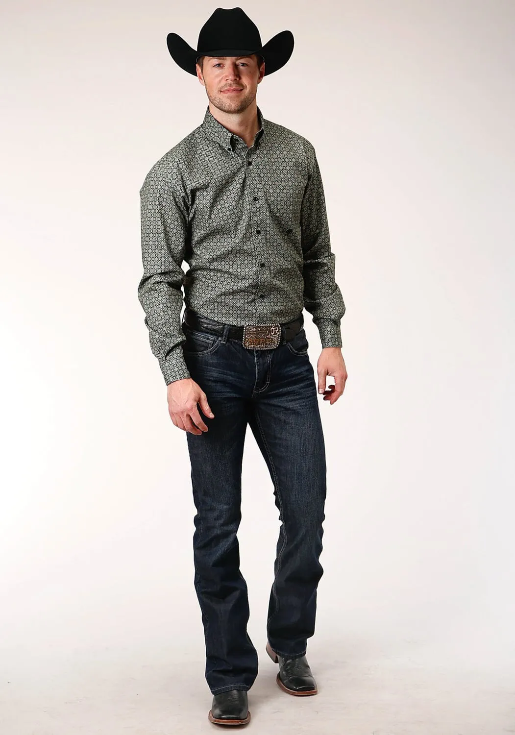 Relaxed Comfort Youth fashion Roper Mens Green 100% Cotton Forest Foulard BD L/S 1 Pkt Shirt