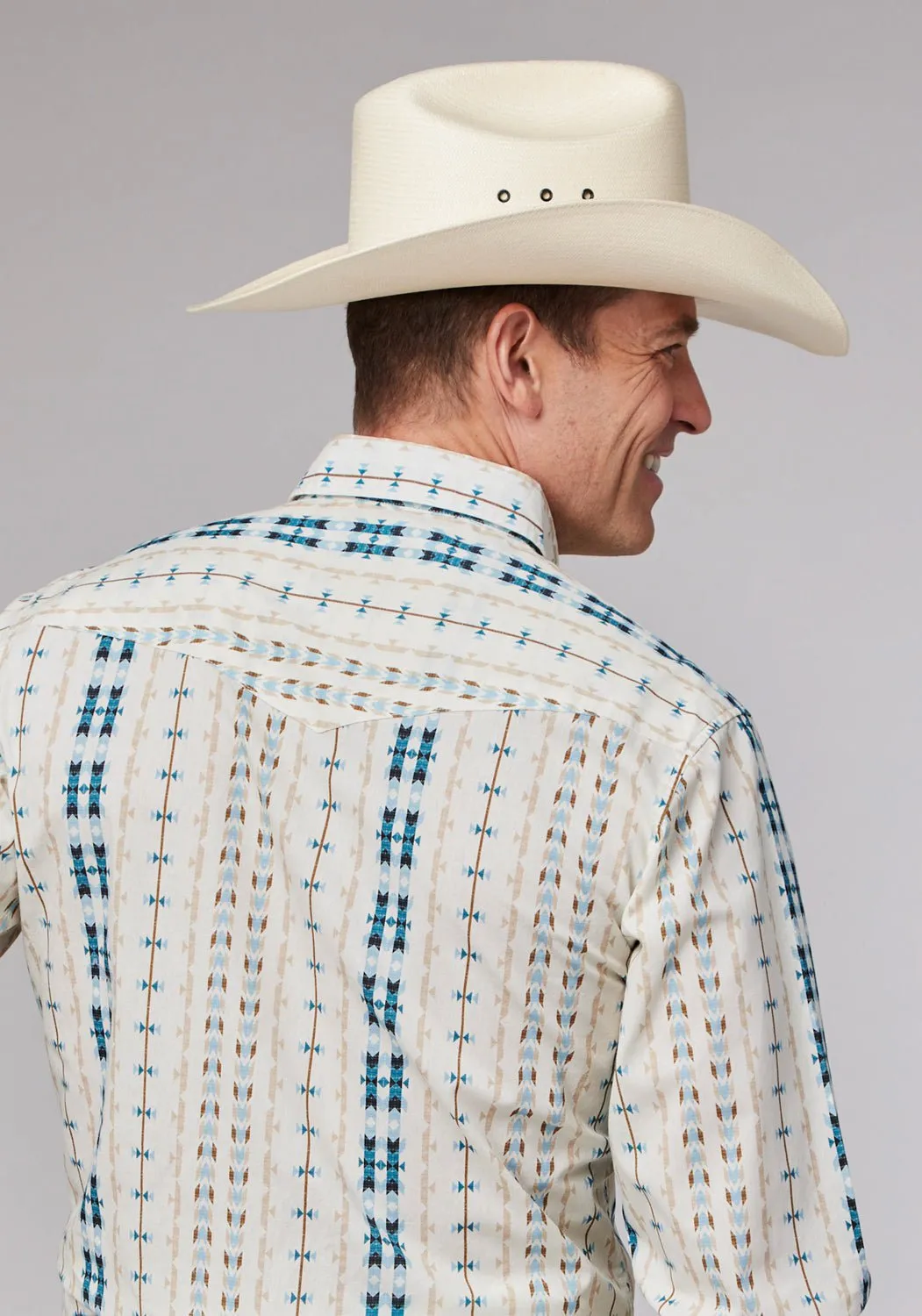 Roper Mens Vertical Aztec Stripe White 100% Cotton L/S Shirt Limited Edition