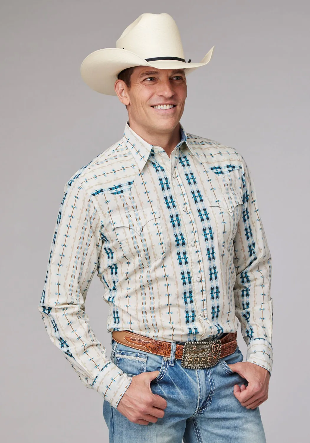 Local Favorite Roper Mens Vertical Aztec Stripe White 100% Cotton L/S Shirt