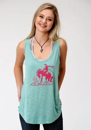 Trendy Trends Roper Womens Green Poly/Rayon Pink Bronco Tank Top Roper Womens Green Poly/Rayon Pink Bronco Tank Top Breathable fabric Flexible Material
