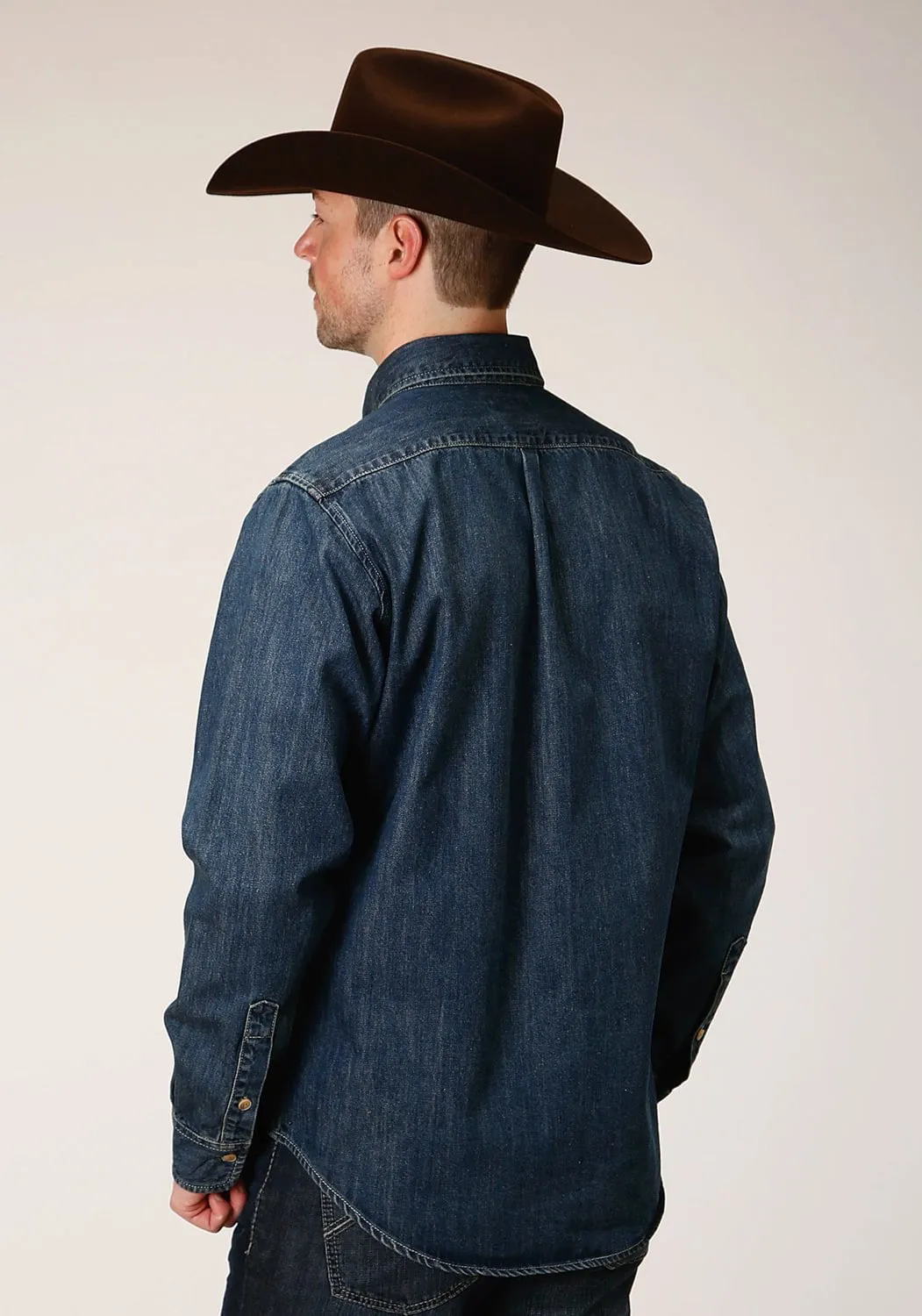 Stetson Mens Medium Blue 100% Cotton Denim BD L/S Shirt Unisex Design Geometric Pattern