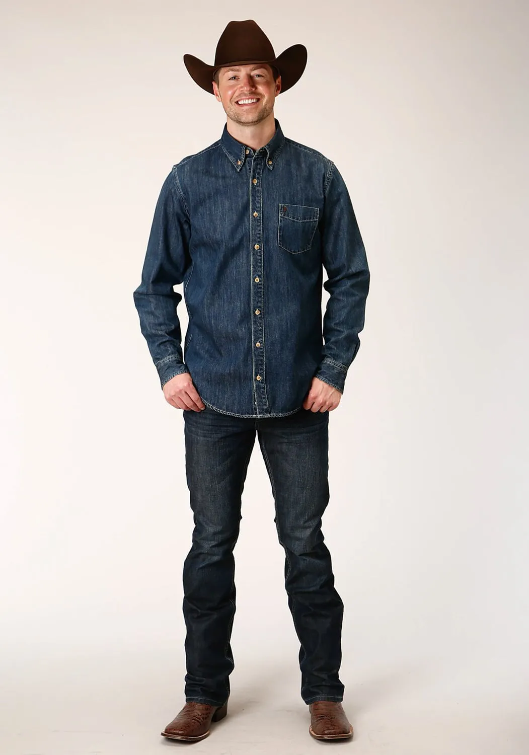 Timeless Comfort Sporty Look Stetson Mens Medium Blue 100% Cotton Denim BD L/S Shirt
