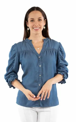 Trendy Vibes Scully Womens V-neck Ruffle Detail Blue Lyocell 3/4 Sleeve S/S Blouse Scully Womens V-neck Ruffle Detail Blue Lyocell 3/4 Sleeve S/S Blouse Essential Wardrobe Ruffle Edge