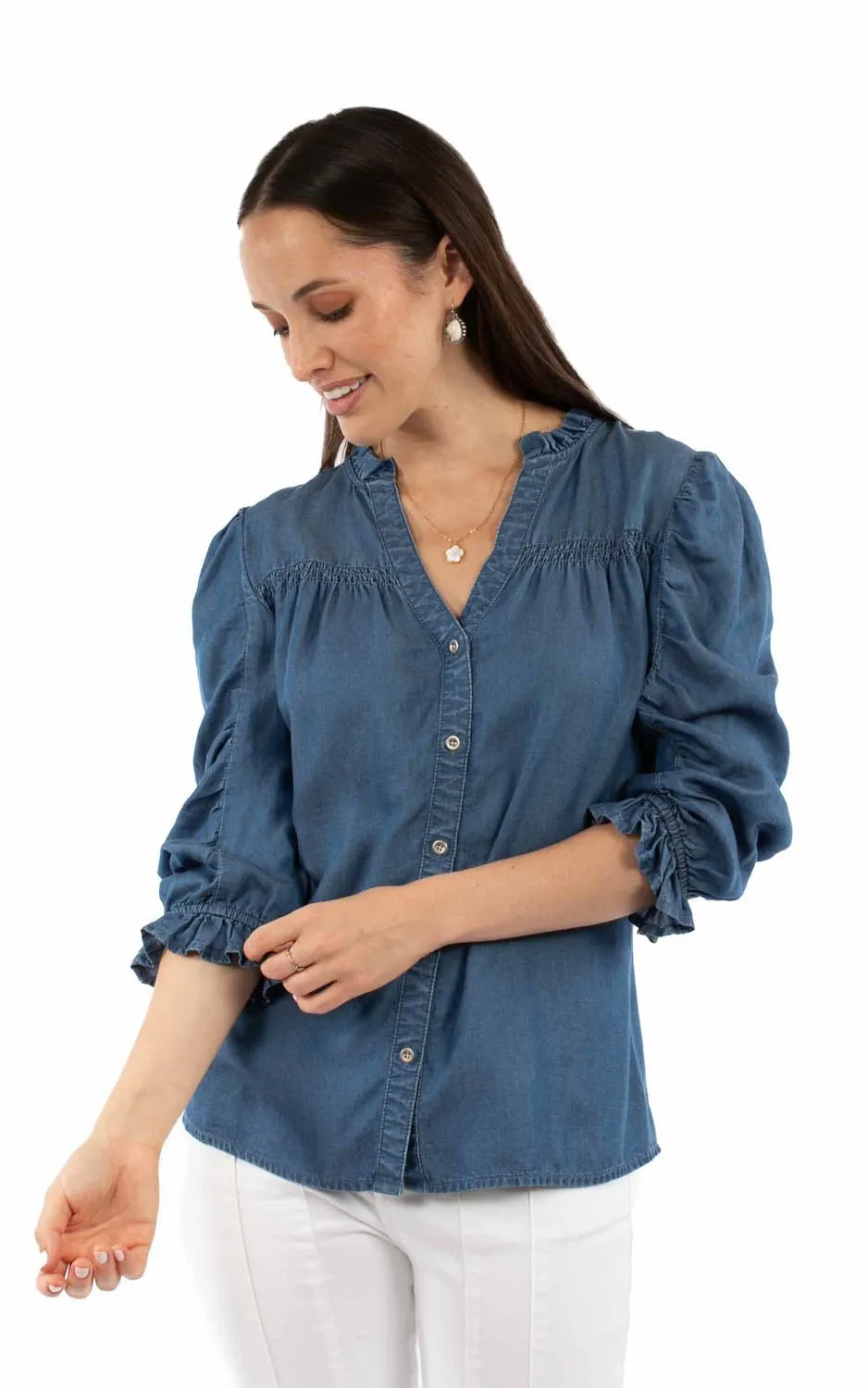 Reinforced Seams Breathable fabric Scully Womens V-neck Ruffle Detail Blue Lyocell 3/4 Sleeve S/S Blouse