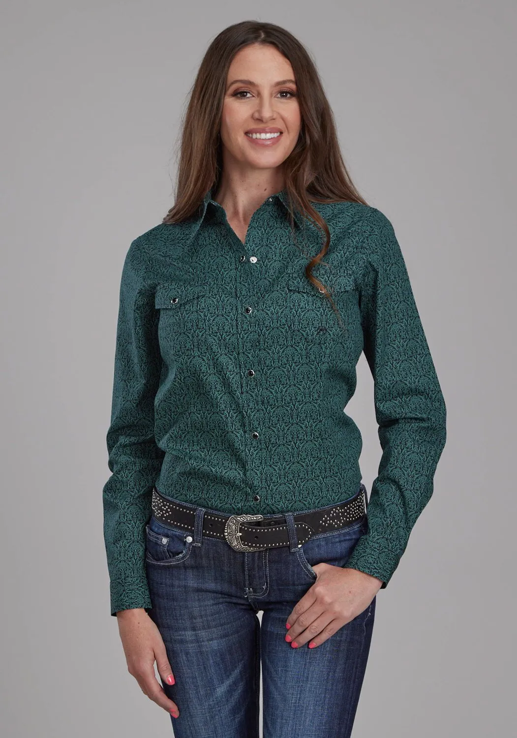Layered Hemline Compact Fold Design Roper Womens 2152 Vintage Paisley Green 100% Cotton L/S Shirt
