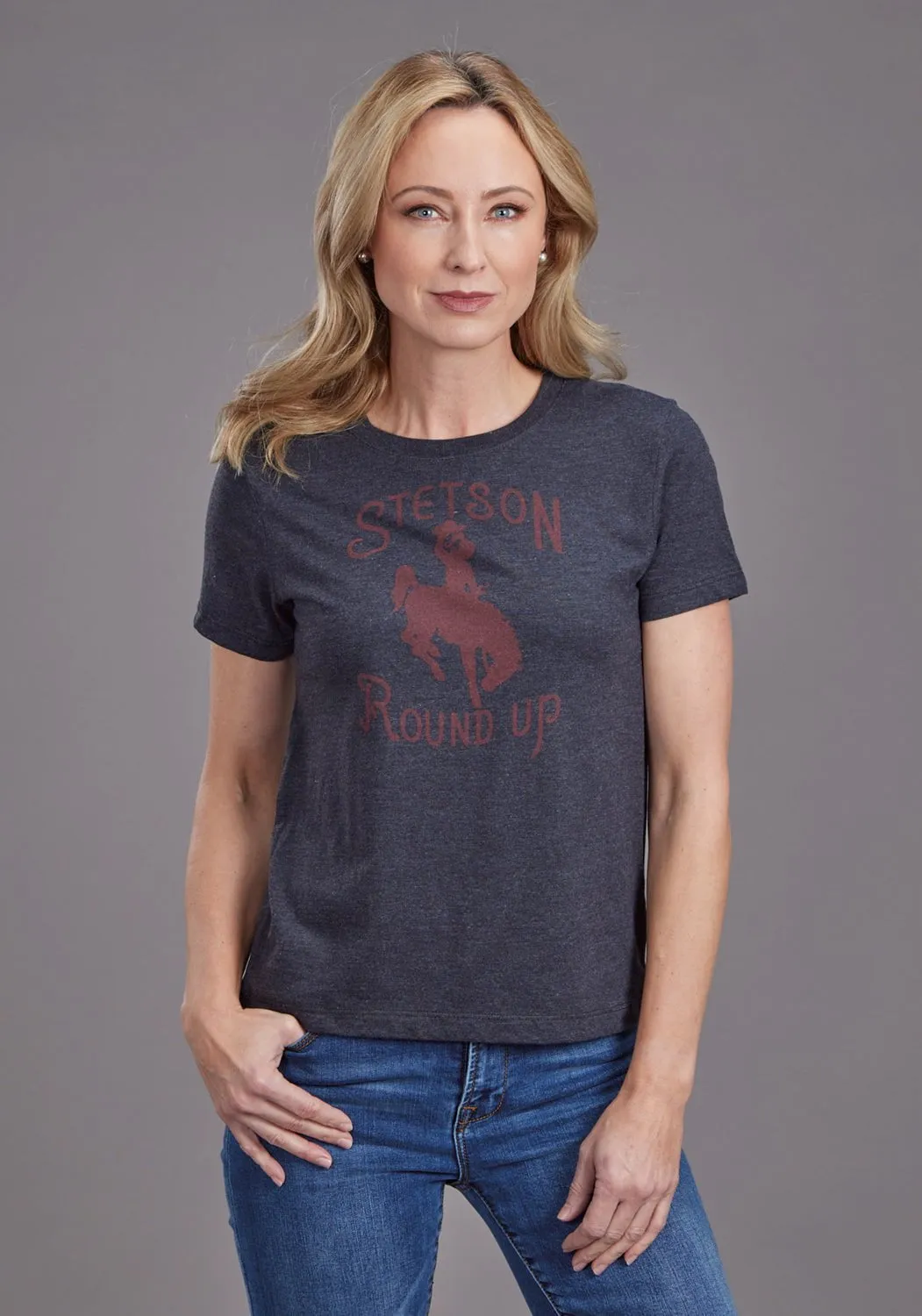 Stetson Womens Round Up Black Cotton Blend S/S T-Shirt Statement Maker