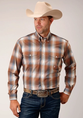 Trendy Selection Roper Mens Copper Ombre Plaid Rust 100% Cotton L/S Shirt Flatlock stitching Roper Mens Copper Ombre Plaid Rust 100% Cotton L/S Shirt